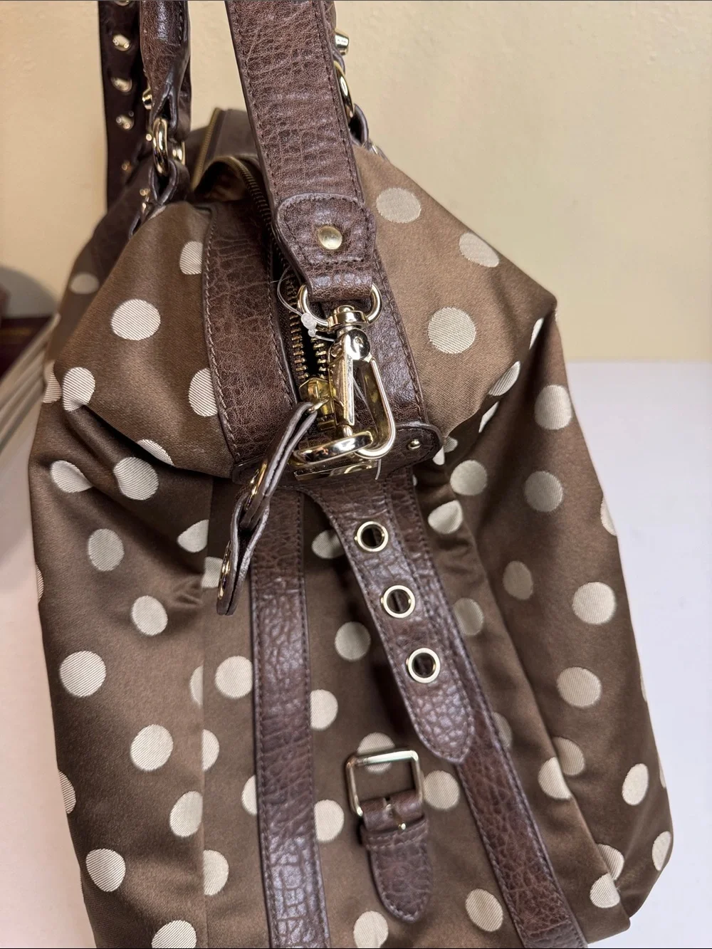 Jessica Simpson Brown and Cream Polka Dot Shoulder Satchel